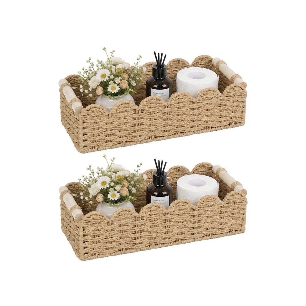 Farmhouse Scalloped Toilet Paper Storage Baskets 2 Pack Woven Wood Handles